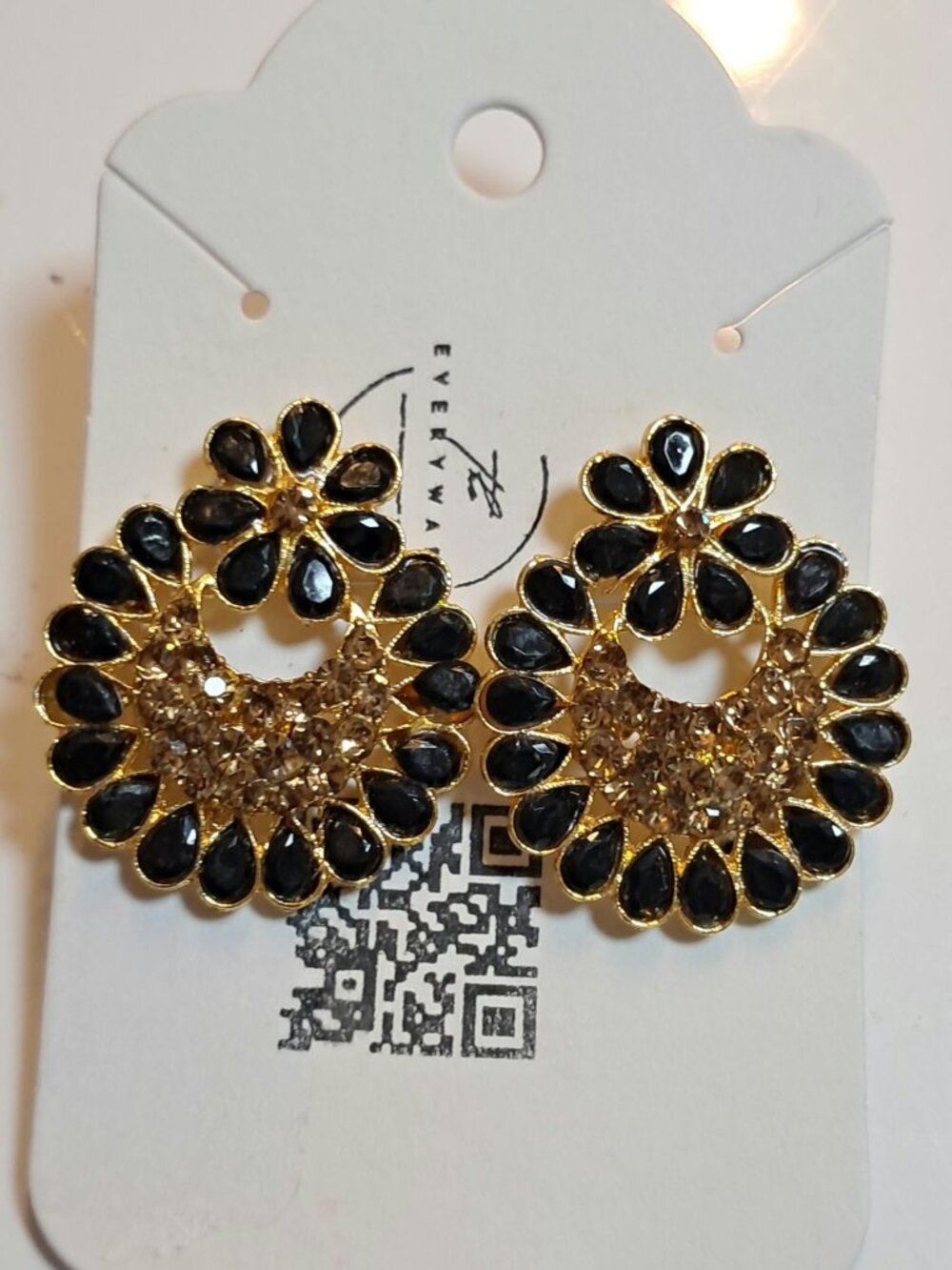 Gold Tone Black Teardrop Champagne Crystal Statement Earrings New